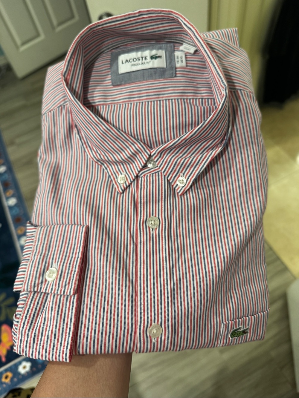 NEW Lacoste Men's Red, White & Blue Regular Fit XL Striped Button-Down Shirt